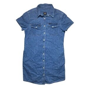 Lee vintage western denim pearl snap button short sleeve shirt dress S